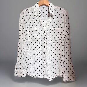 EXPRESS Portofino Shirt Size S Ivory Polka Dot Button Blouse Roll Tab Sleeves